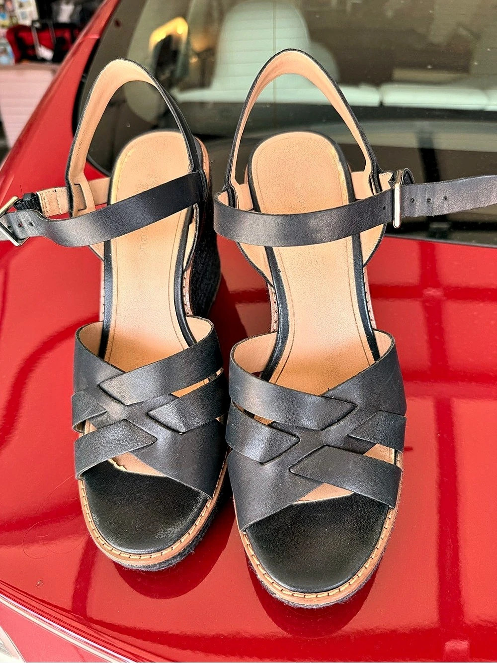 Navy Blue Strappy Leather Wedge Sandals